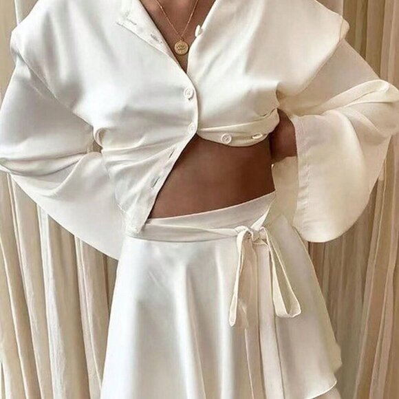 Elegant Women's Long Sleeve Cropped Blouse & Self-Tie Waist Skirt set - Picture 4 of 8